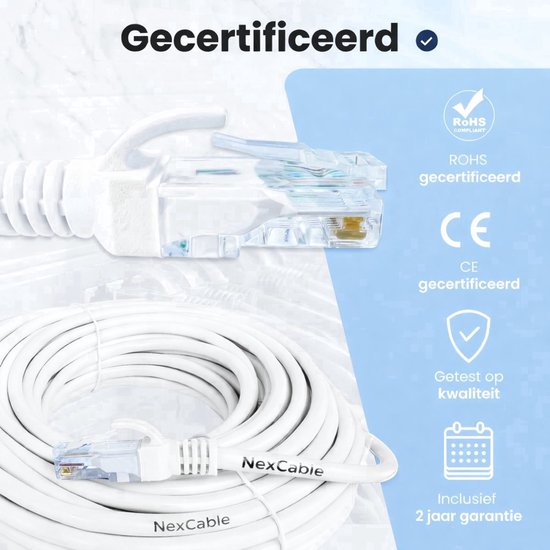 Een witte CAT6 UTP kabel met NexCable logo. Gecertificeerd ROHS, CE en getest op kwaliteit met 2 jaar garantie.