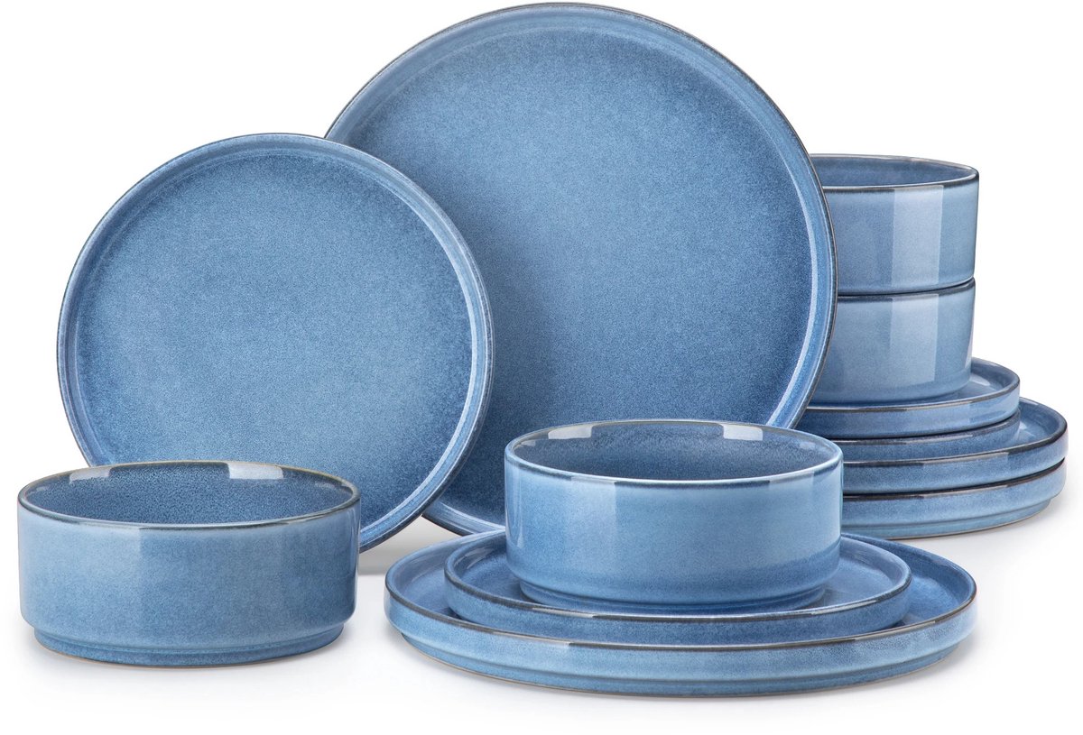CINK Living® Serviesset 12 Delig Blauw – Luxe Aardewerk Servies voor 4 Personen – Inclusief Borden en Kommen