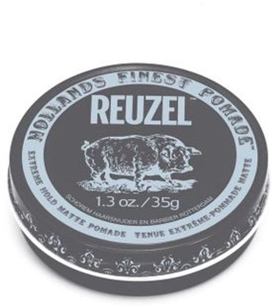 Reuzel Extreme Hold Matte Pomade blik met een varken erop, 35g.