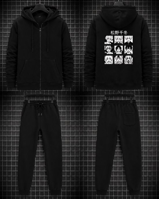 Trainingspak Heren & Dames met Anime Print – Zwarte Hoodie met Joggingbroek – Casual Streetwear Set – Full Zip – 4XL