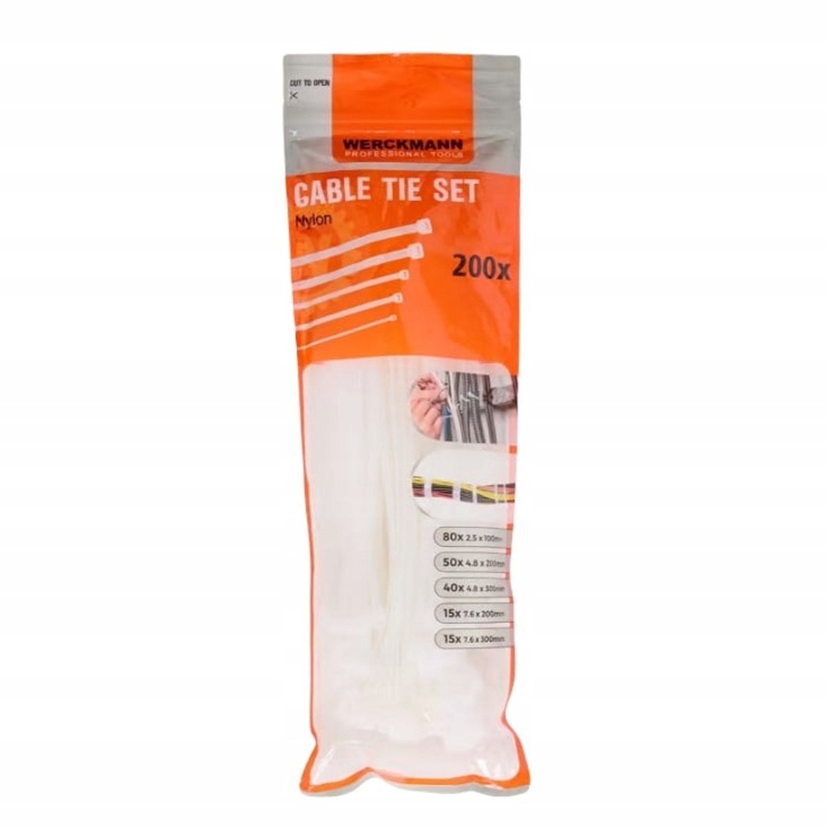 WERCKMANN Cable Tie Set - Zip tie - Tiewrap - Kabelbinders - wit - 200 stuks - mix