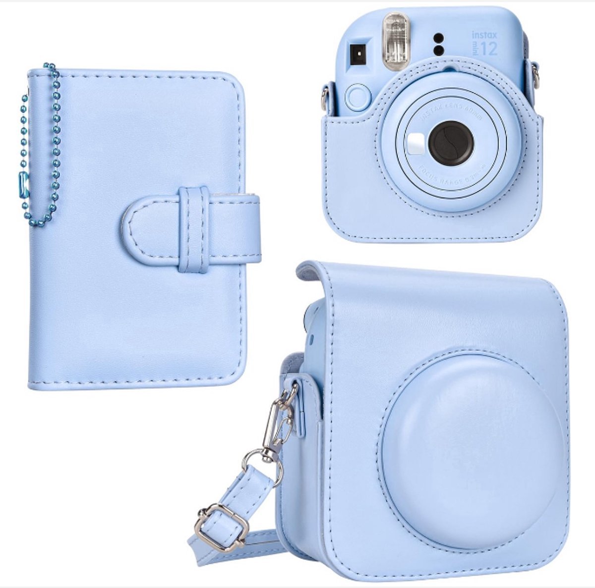 Kraftverdia® - Beschermend leren hoesje geschikt voor Fujifilm Instax Mini 12 Instant Camera - Geschikt voor Instax Mini 12 Case en Mini Fotoalbum - Accessoires Set - Cameratas - Blauw