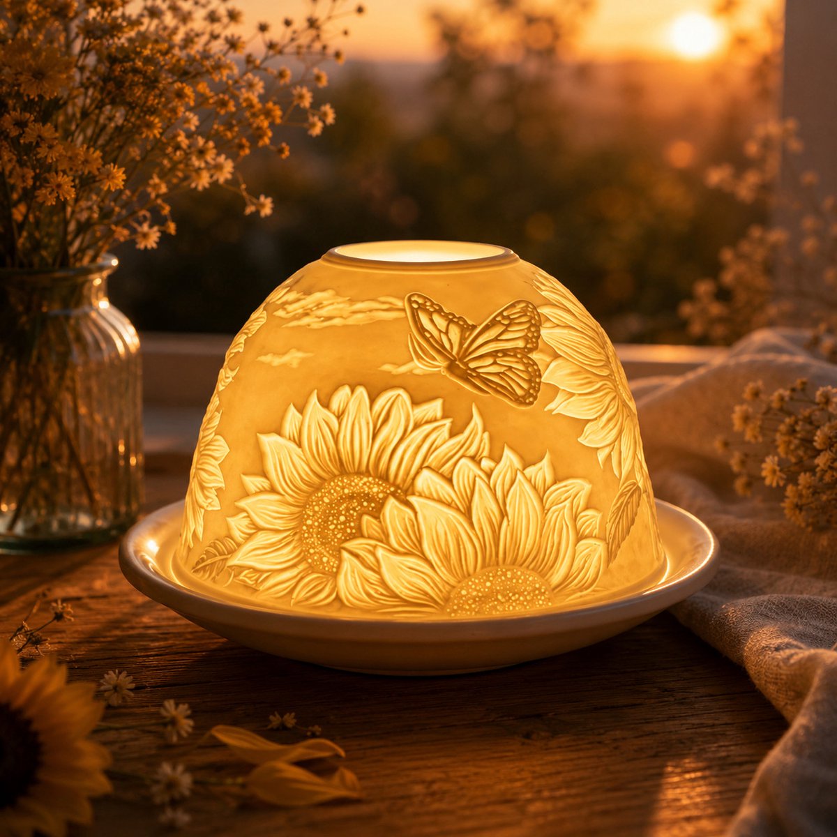 Candle Wisdom – Porseleinen waxinelichthouder – Sunflowers – Porseleinen theelichthouder – Porseleinen koepel – Sfeerlicht - Cadeau – Geschenk – Valentijn – Moederdag – Verjaardag – Kerst