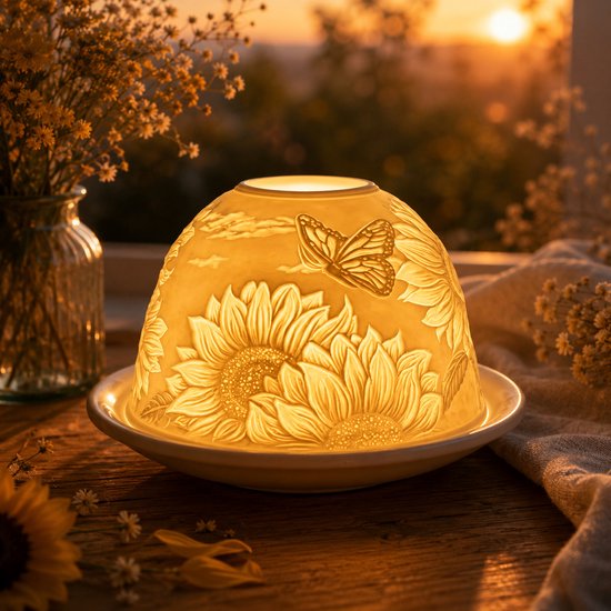 Candle Wisdom – Porseleinen waxinelichthouder – Sunflowers – Porseleinen theelichthouder – Porseleinen koepel – Sfeerlicht - Cadeau – Geschenk – Valentijn – Moederdag – Verjaardag – Kerst
