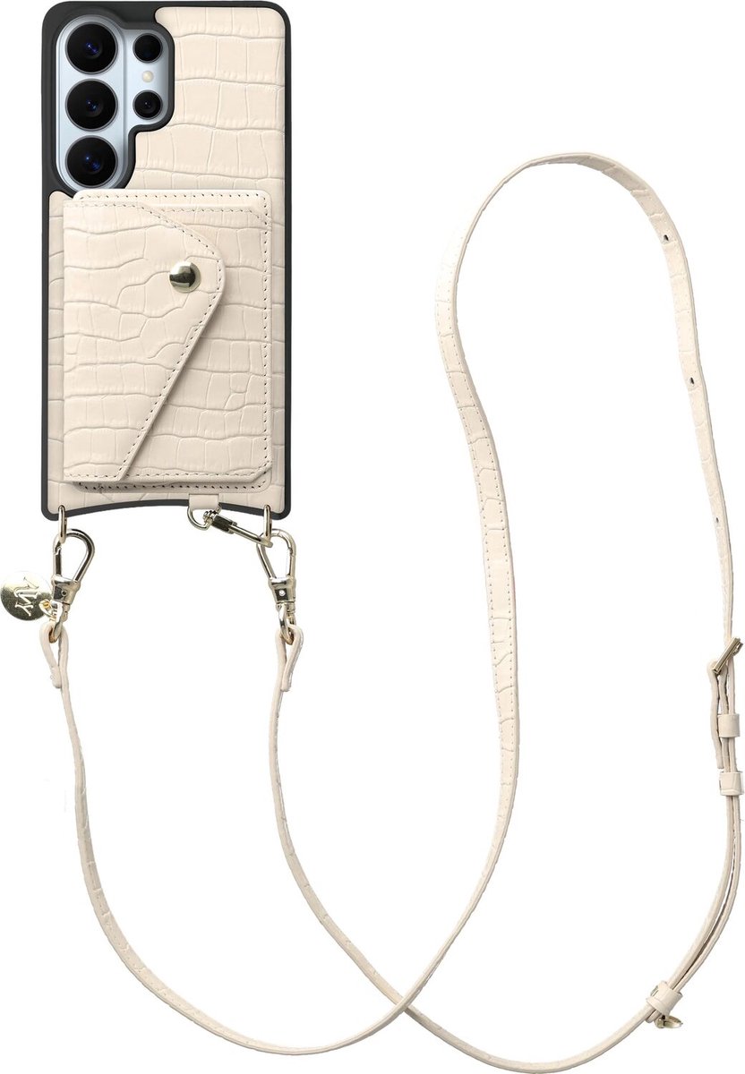 AVY Leren Hoesje geschikt voor Samsung Galaxy S26 Ultra | Met Koord en Kaarthouder | Compatibel met MagSafe | Leather Case met Crossbody Koord & Wallet | Long Leather | Croco Beige