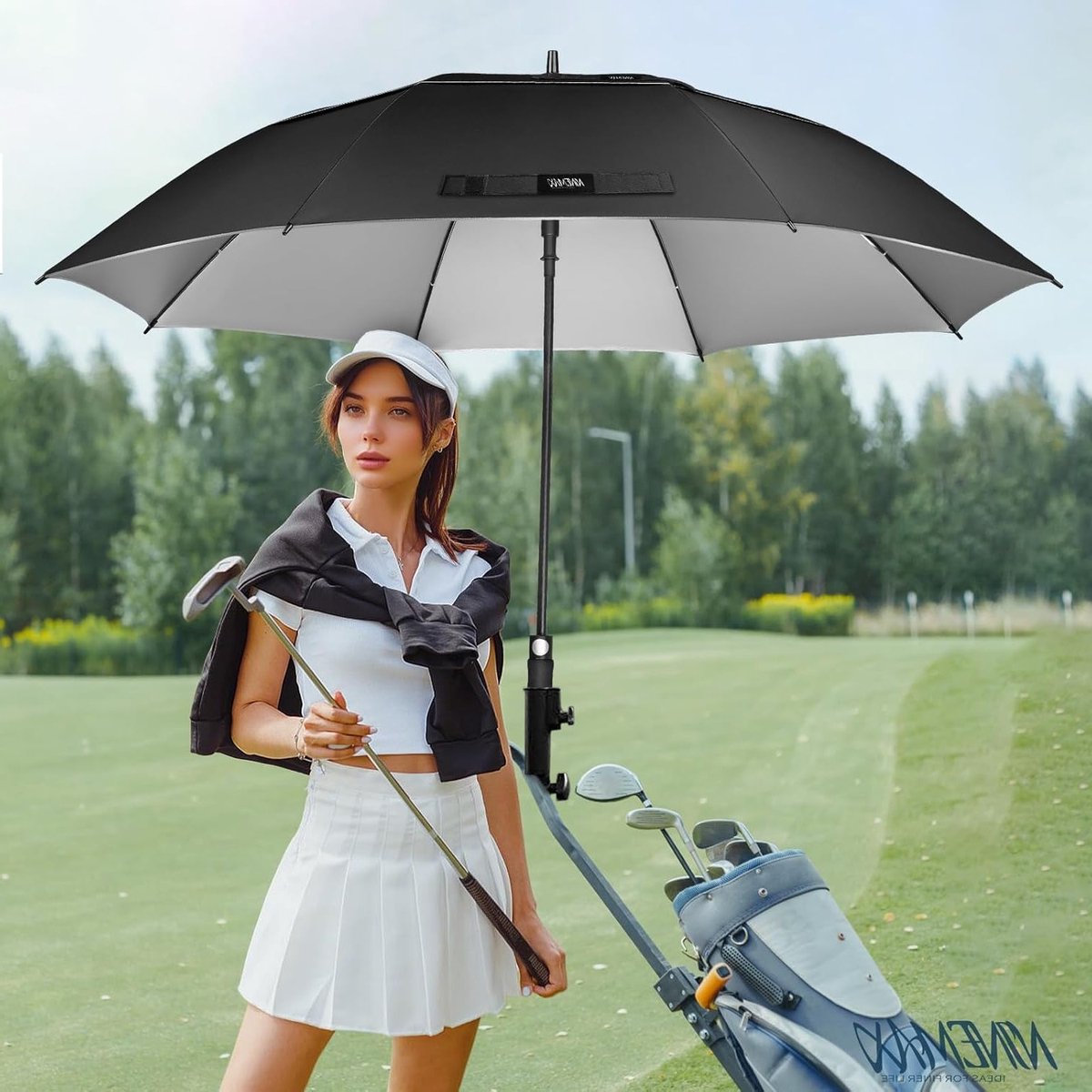 Dailygoods - NINEMAX UV Golf Paraplu Winddicht 175CM Golfparaplu Automatische Open Grote Storm,Double Canopy met Schouderband voor Familie Mannen(Zwart/Zilver) — cadeau in Mode & Accessoires - foto 5