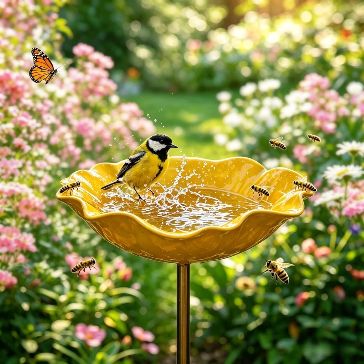 Handgemaakte metalen bloem-tuinsteker met vogelbadje – Bijen-drinkstation - bijenbad voor in de tuin - bloemontwerp – Kleurrijke schaal met vlinderdecoratie voor tuindecoratie – geel