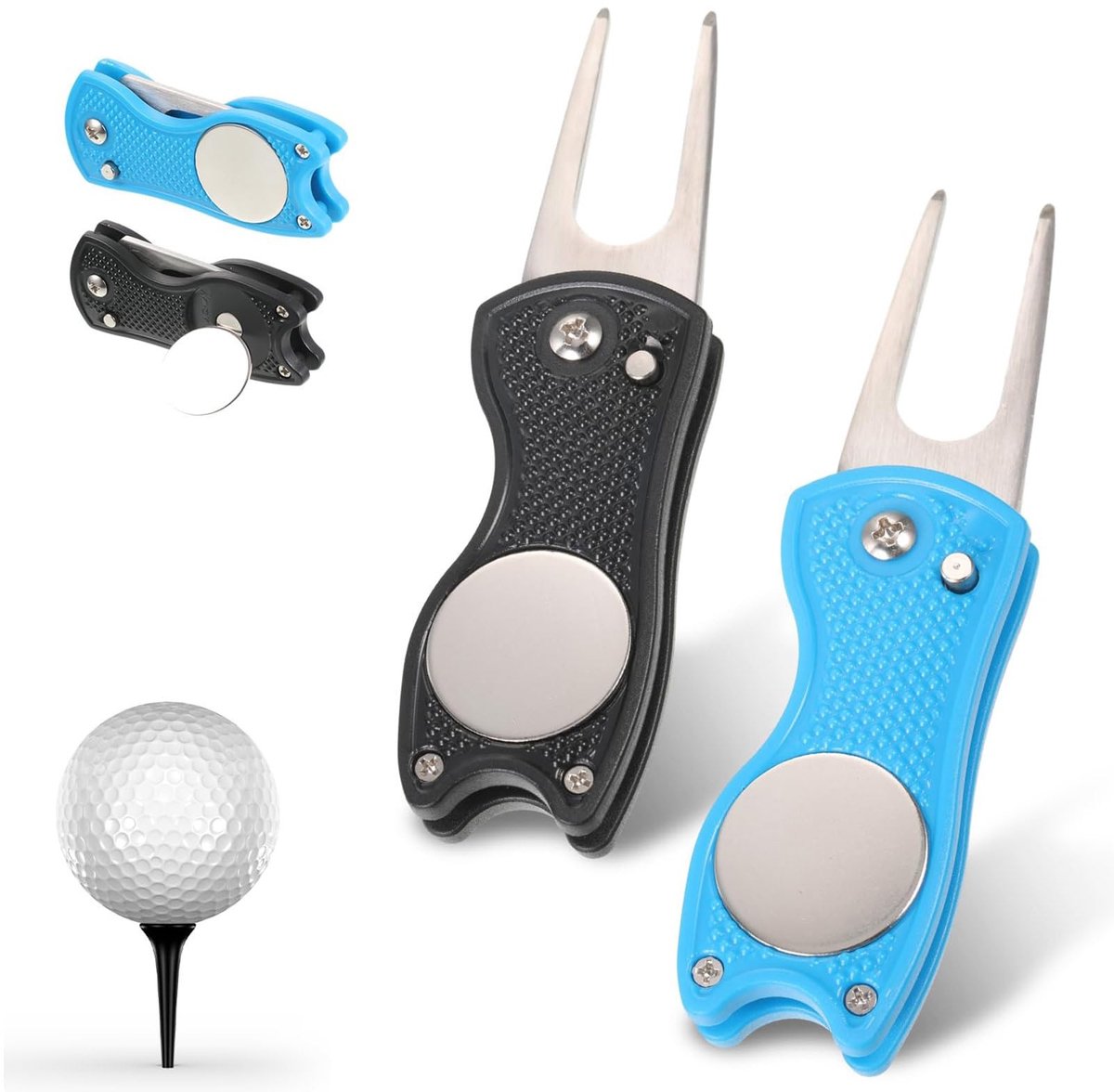 Dailygoods - Golf Divot Reparatie Tool - Opvouwbaar - Met Magnetische Bal Marker - Zwart - Golf Pitchfork - 2 Stuks Inclusief - Geschikt voor Golfer