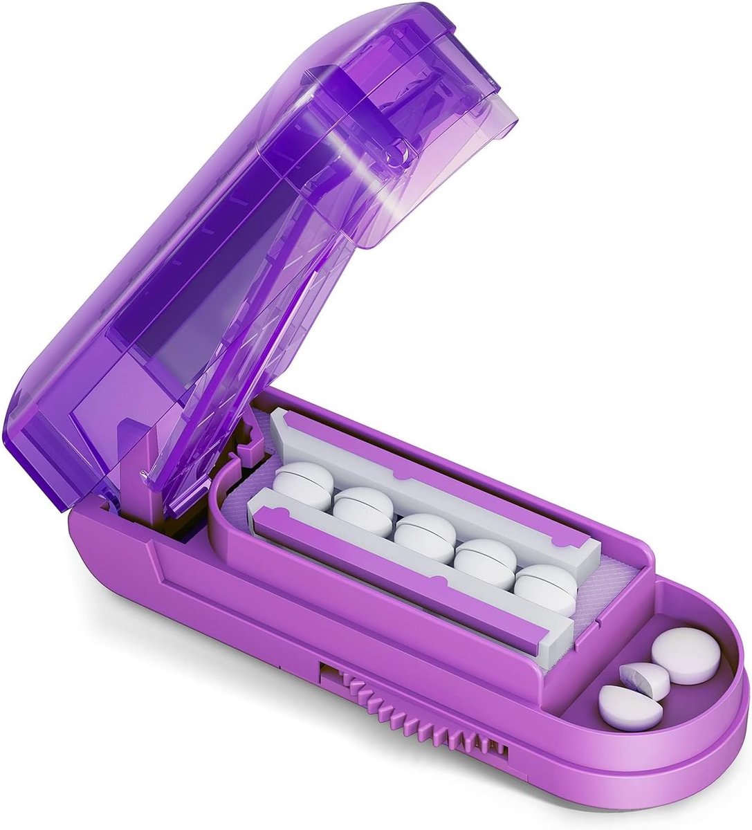 Een tabletverdeler voor het snijden van meerdere tabletten, geschikt voor tabletten van verschillende groottes, voor het nauwkeurig uitlijnen van tabletten, met scherpe en veilige messen, paars.
