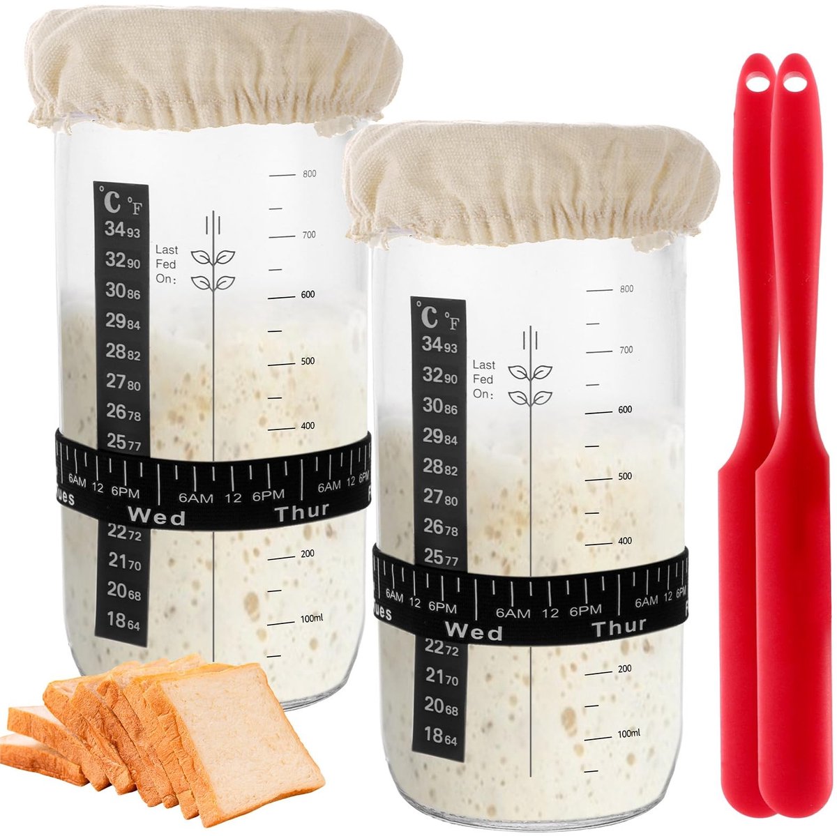 Dailygoods - Zuurdesem Starterset - 2x Fermentatieglas - Perfect voor Brood - 1000 ml - Bakaccessoires - Inclusief Spatula en Thermometer - Geschikt v