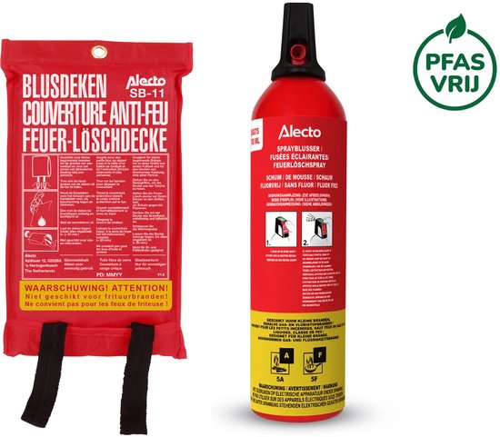 Set met rode brandblusdeken en rode brandblusser, 750 ml.