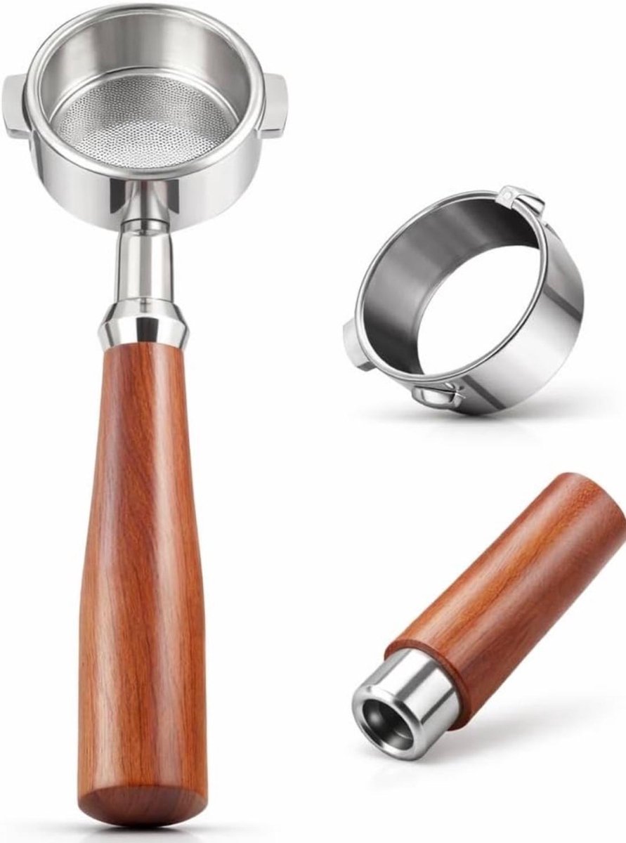 54 mm bodemloze portafilter- 3-oors koffiefilter- Duurzame houten handgreep Portafilter - 54mm - Hout - RVS - Bodemloze Filterdrager - Portafilter 54mm - Portafilter - Filterdrager - Bottomless Portafilter – Koffiemachine–Piston –Espressomachine