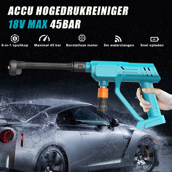 Draadloze draagbare hogedrukreiniger op 18V-accu, 800 PSI draagbare handhogedrukreiniger met borstelloze motor, 6-in-1 sproeier, in hoogte verstelbaar voor het reinigen van auto's, tuinen, hekken en muren. van Merkloos	 — afbeelding 2