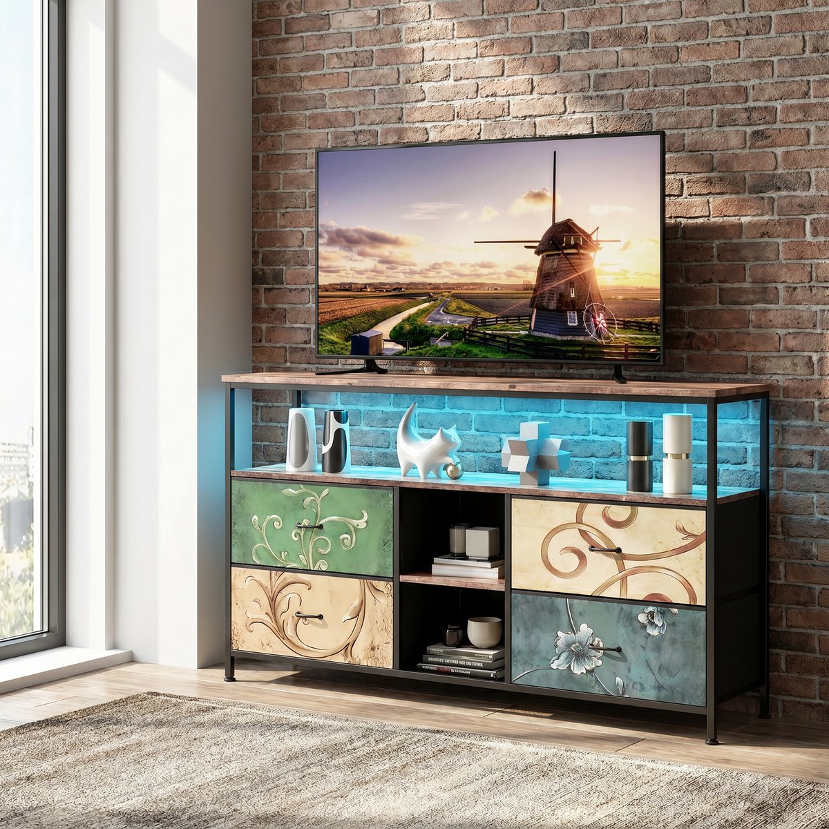 TV-Meubel, LED TV-Meubel, Hoog TV-Meubel met Opbergruimte, Verstelbare Planken, 4 Stoffen Lades, Geïntegreerde Opbergoplossing, Kijkervaring Verbeterde Esthetiek (kleurrijk, 108 cm)