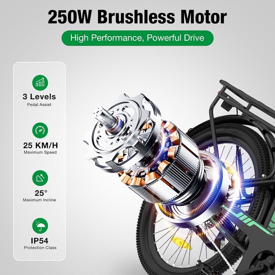 250W borstelmotor, 3 snelheden trapondersteuning, 25 km/u max. snelheid, 25° maximale helling en IP54 waterdicht.