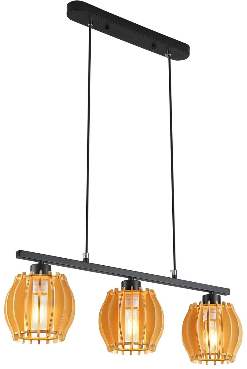 Lemlit Hanglamp 3 Lichts - Houten Lampion Hangverlichting - Pendellamp voor Eettafel Keuken Eetkamer Kookeiland en Woonkamer - Zonder Lichtbron