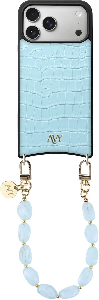AVY Leren Hoesje Geschikt voor Apple iPhone 17 Pro Max | Compatibel met MagSafe | Leather Case met Telefoonkoord | Polsband | Croco Blauw | Rocher Blue