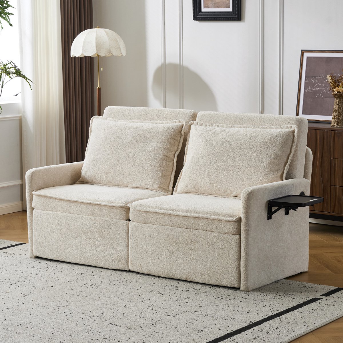 Vankel Multifunctionele Chenille Slaapbank – Verstelbare Rugleuning met 5 Standen – 2-in-1 Bank & Logeerbed – Met USB/Type-C Oplaadpoort en Opbergvakken – Zachte Hoge Dichtheid Schuimvulling – Moderne Relaxbank voor Woonkamer/Slaapkamer –Beige