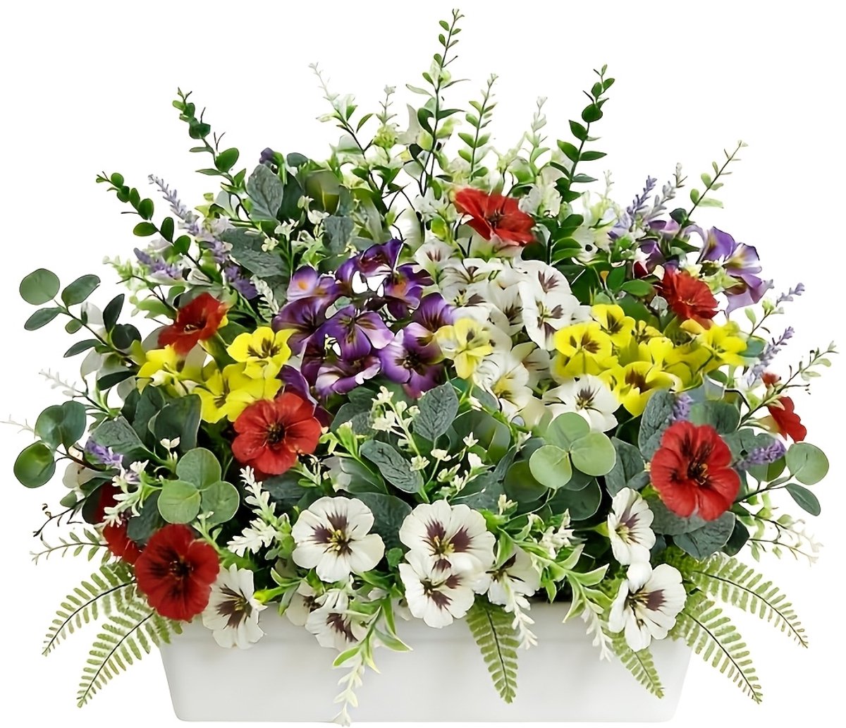 30-delig boeket met viooltjes en lavendel – UV-bestendige combinatie van kunstbloemen – Romantisch kunstboeket in paarse tinten, met lavendel, viooltjes, varens en eucalyptusstelen (Bloempot niet inbegrepen)