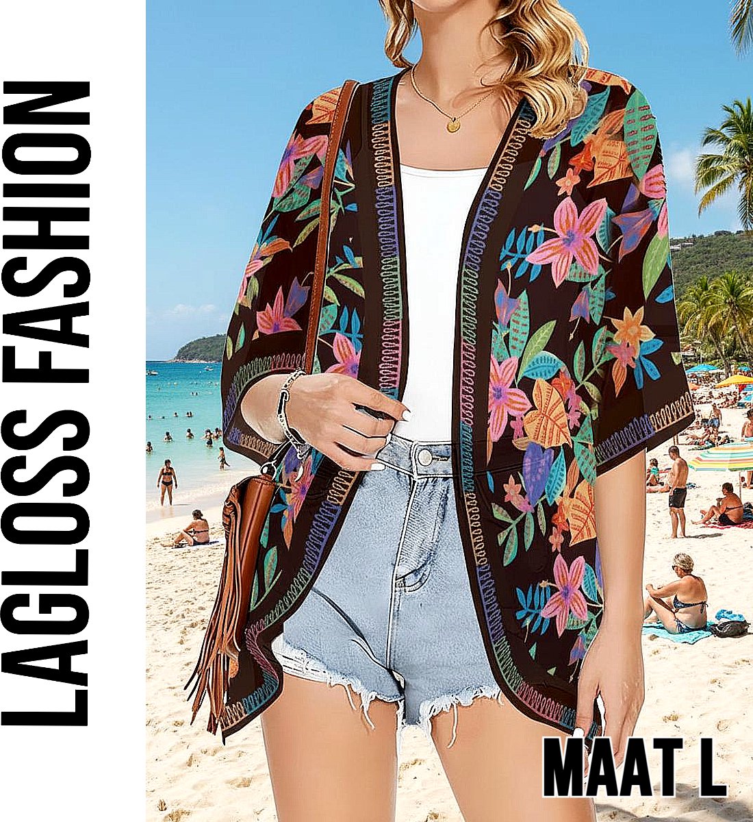 LaGloss® Luxe Bohemian Strand Kimono - Luchtige Dames Cover-Up Zwart met Tropische Bloemenprint – Strandovergooier – Zomer/Lente – Maat L