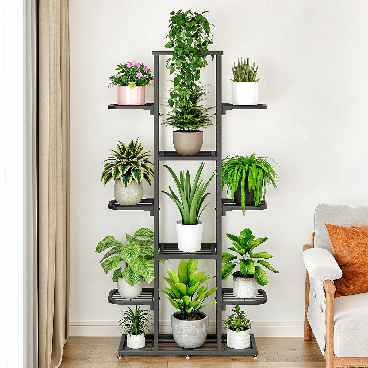Turold Plantenrek - Plantenstandaard - Plantentrap - Plantenetagere - 5 tot 7 Laags - Metalen Bloemenplank Binnen en Buiten Grijs