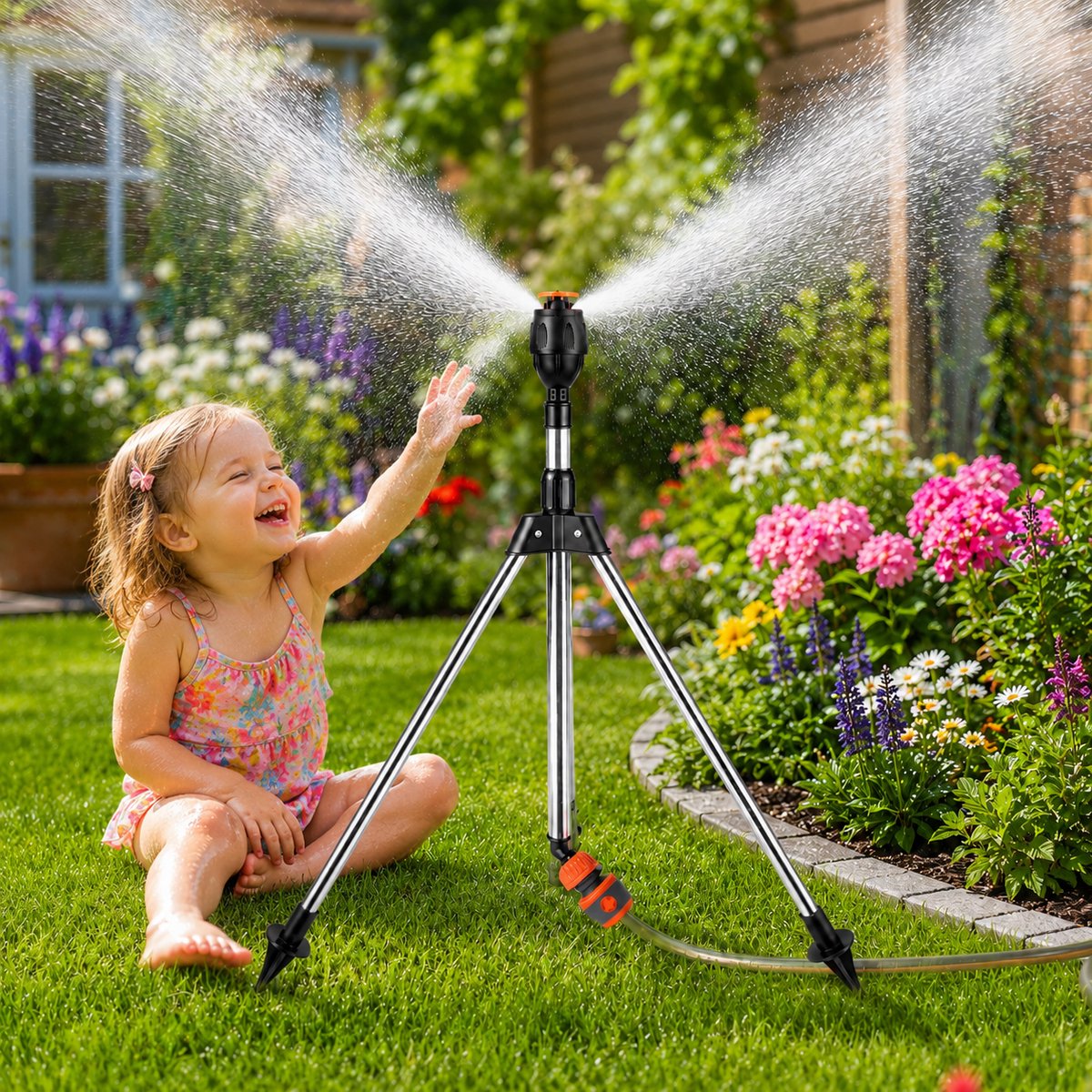 Rosnek Premium Tuinsproeier op Driepoot (53-89 cm) - 360° Verstelbare Sectorsproeier & Nevelsproeier - RVS Gazonsproeier voor Tuinbewatering en Terras Koeling - Inclusief Lekvrije Koppeling