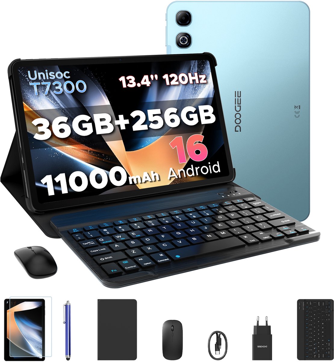 DOOGEE U13 Pro VIP - Tablet - 36GB RAM + 256GB ROM (2TB/TF) - 11000mAh/18W - 13,4 Inch FHD+ 120Hz IPS - Android 16 - T7300 - Dubbele luidsprekers - Wi-Fi 5 - Face ID - Bluetooth 5.4 - Volledige accessoirebundel met toetsenbord, stylus, muis en hoesje