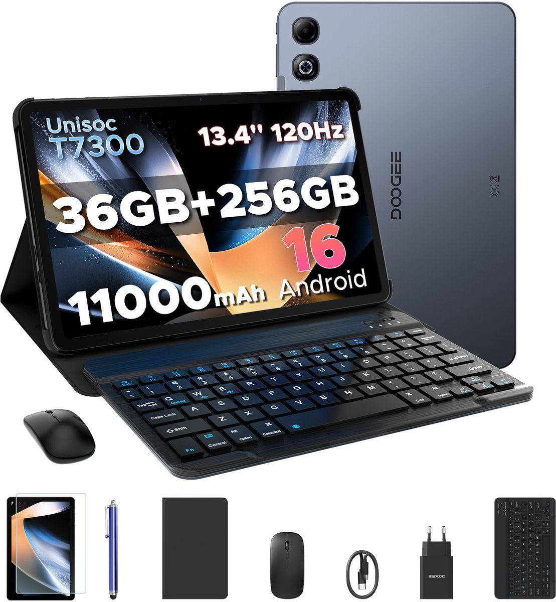 DOOGEE U13 Pro VIP - Tablet - 36GB RAM + 256GB ROM (2TB/TF) - 11000mAh/18W - 13,4 Inch FHD+ 120Hz IPS - Android 16 - T7300 - Dubbele luidsprekers - Wi-Fi 5 - Face ID - Bluetooth 5.4 - Volledige accessoirebundel met toetsenbord, stylus, muis en hoesje