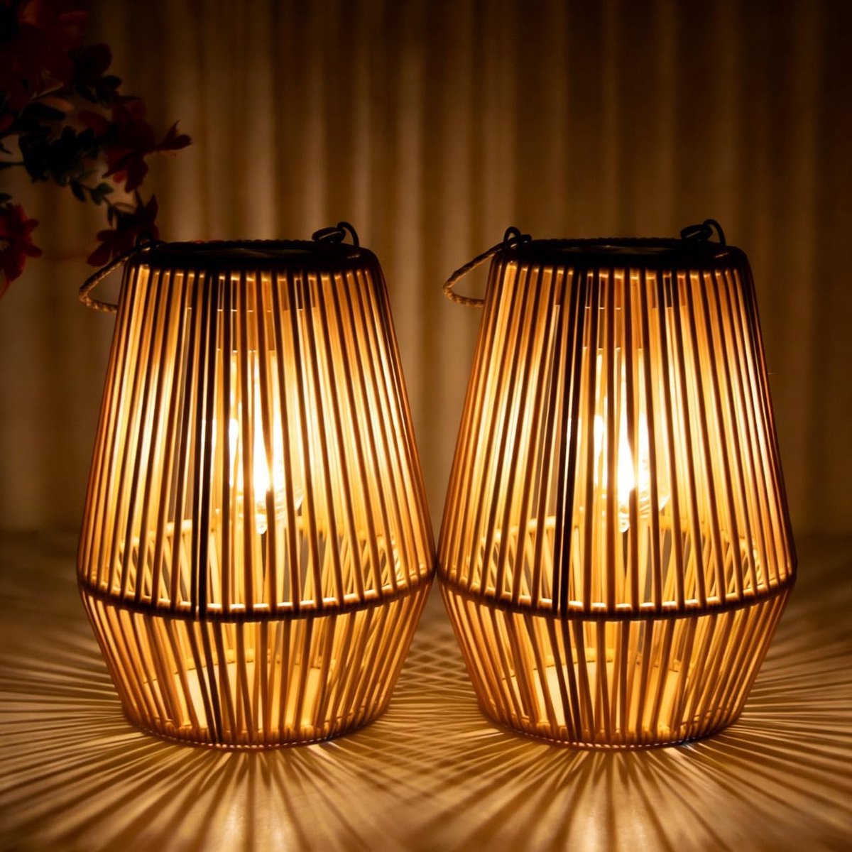 2 Stuks Handgeweven Rattan Solar Hanglampen voor Buiten - IP65 Waterdicht - Cadeau voor Vr