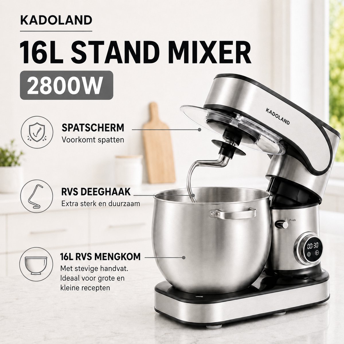 Kadoland® 16L Stand Mixer – Professionele Keukenmachine voor Zwaar Deeg – 12 Snelheden – RVS Mengkom – Inclusief Accessoires
