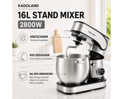 Kadoland® 16L Stand Mixer – Professionele Keukenmachine voor Zwaar Deeg – 12 Snelheden – RVS Mengkom – Inclusief Accessoires