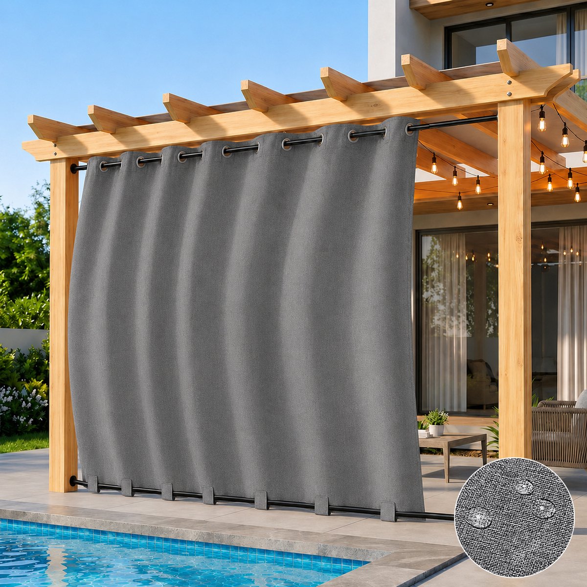 Qelus 2 Stuks Linnenlook Buitengordijnen met Ringen en Verborgen Lussen - 254x244 cm - Waterdicht Buitengordijn voor Overkapping - Verduisterend en Winddicht Outdoorgordijn - Linnen Structuur - Grijs