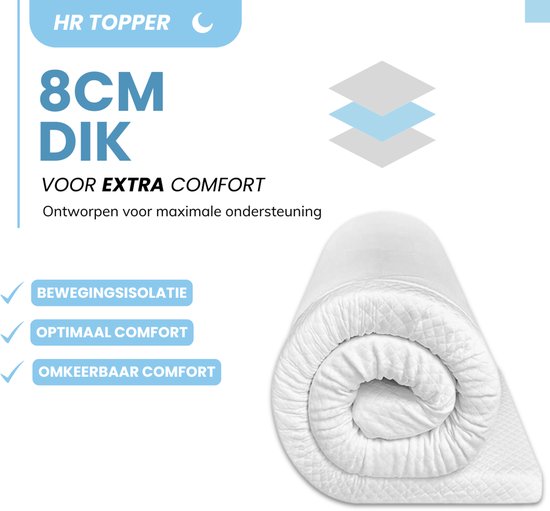 Gekrulde witte topper, 8cm dik, voor extra comfort. Met claims 'Bewegingsisolatie', 'Optimaal comfort', 'Omkeerbaar comfort'.