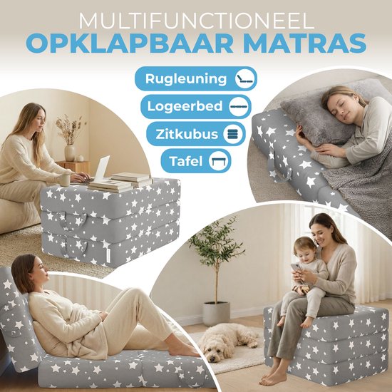 Grijze matras met witte sterren, multifunctioneel inzetbaar als rugleuning, logeerbed, zitkubus of tafel.