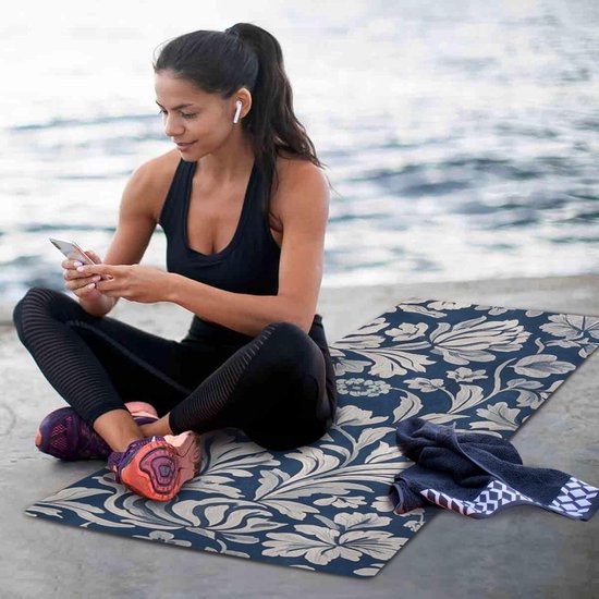 Yoga Mat - Fitness Mat Oefenmat - Thuis Sporten - Natuurlijk Rubber Antislip - 180x66 cm - Vintage Bloem Grijs Donkerblauw — afbeelding 4