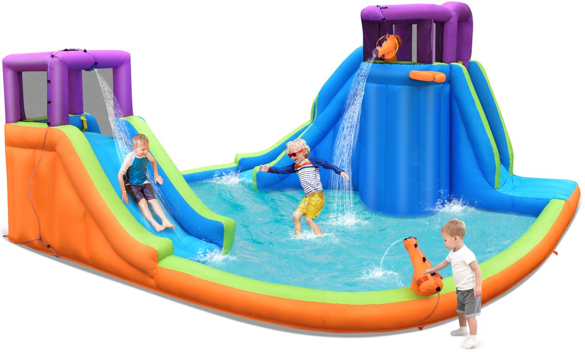 COSTWAY Springkasteel met waterglijbaan, klimwand, 4 sprinklers, 2 waterwerpers en kinderbadje, waterpark voor buiten, incl. draagtas, reparatieset, 458 x 439 x 236 cm