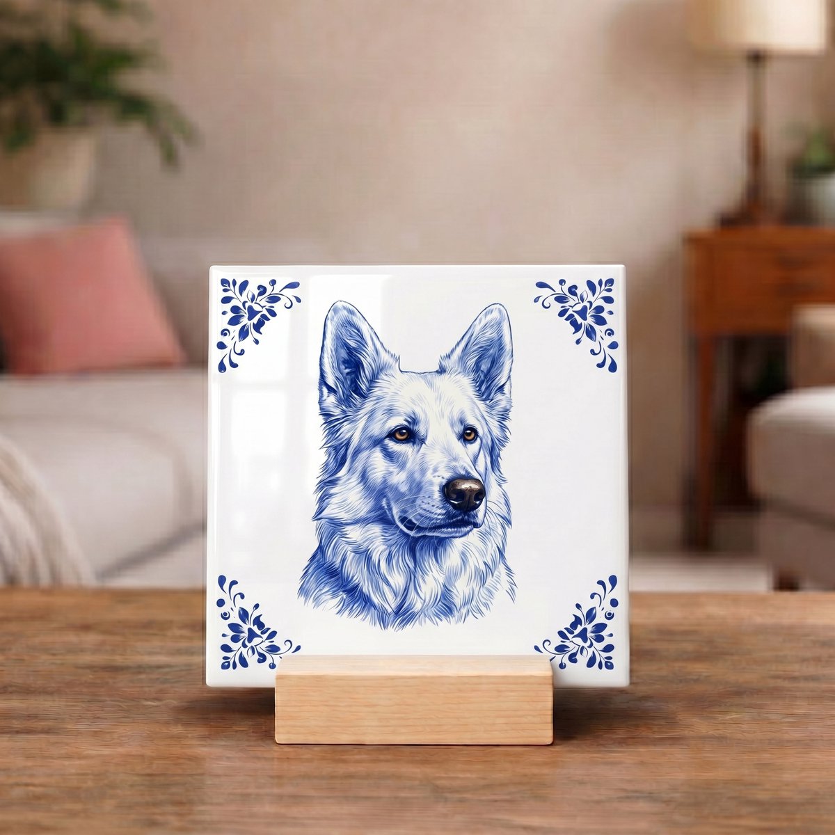 Bedruk King Delftsblauw Tegeltje 11x11 Witte Herder – Cadeau voor Hondenliefhebber of Baasje