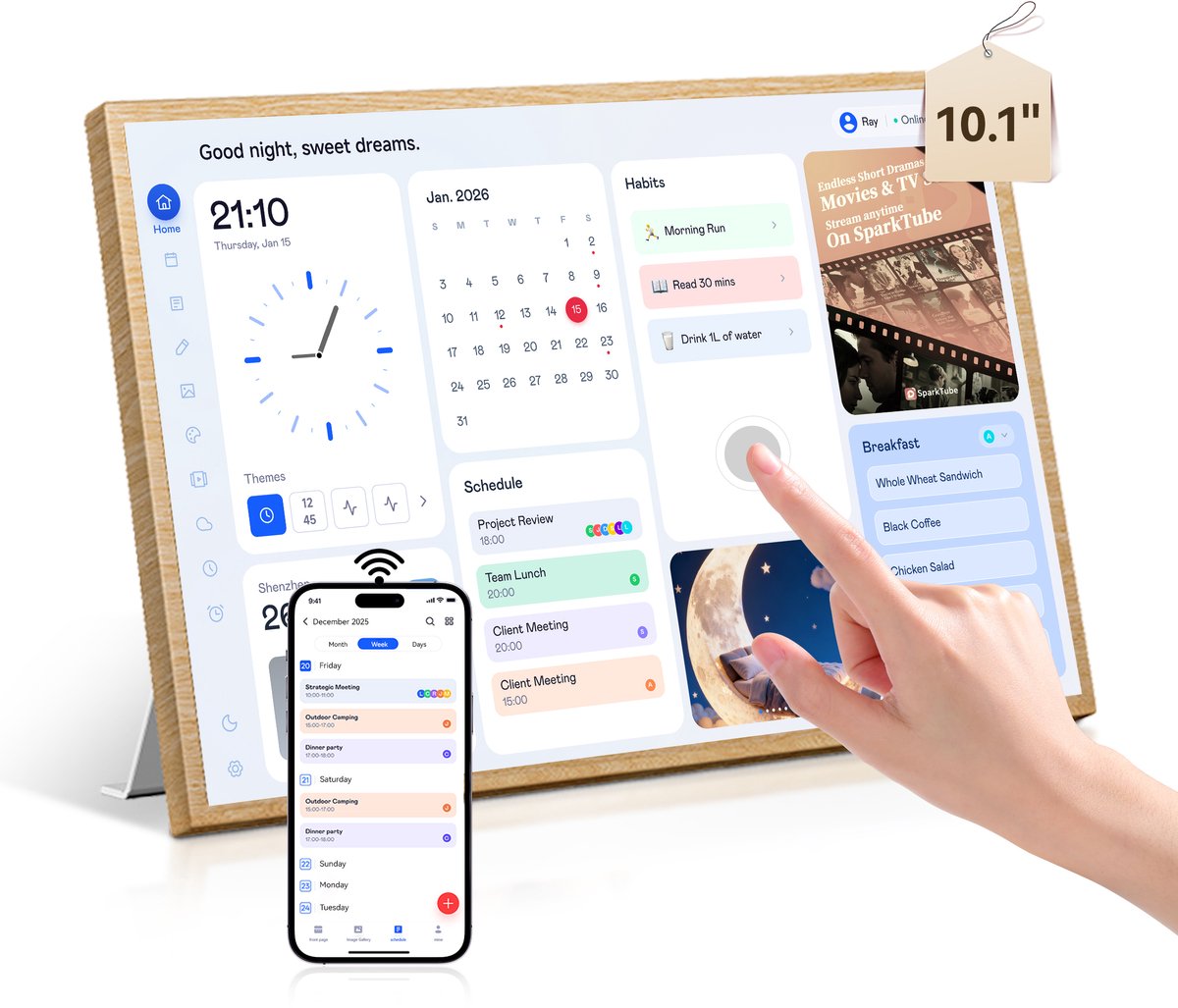 Blackview NEST 10 - 10,1" Digitale fotolijst met touchscreen | HD+ IPS-scherm, houttextuur, dual-mode, WiFi 6 | Interactief haarddisplay, wand- en bureaumontage, automatische kalendersync, kindveilig - Houtkleur