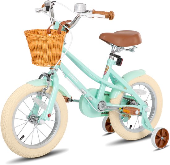 Mintgroene meisjesfiets van 14 inch met bruine details, mandje en zijwieltjes.