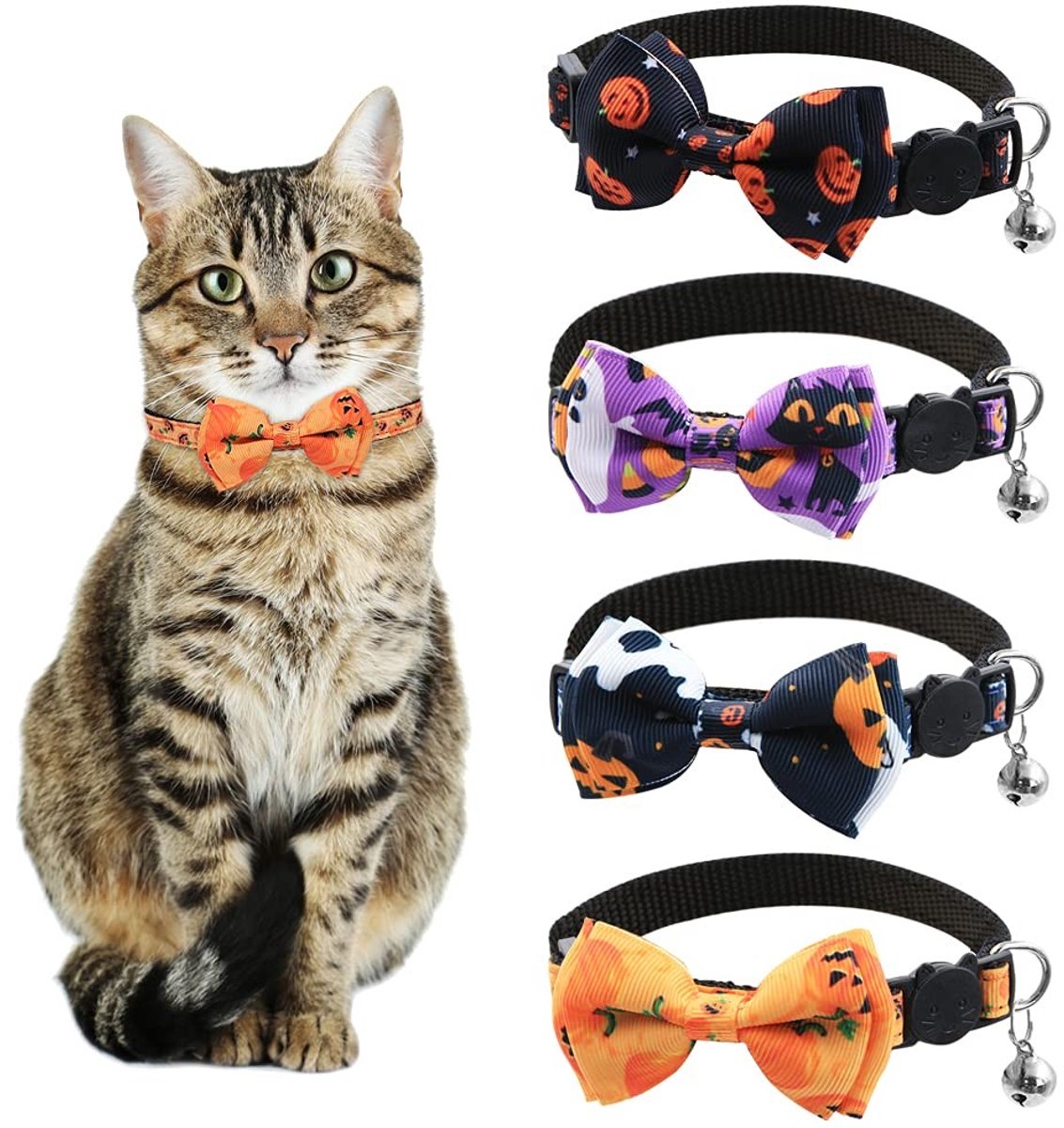 Elzusha - Halloween kattenhalsband - Verstelbaar - Zachte pompoen - Bowtie Kragen - 4 stuks - Geschikt voor katten en kleine honden
