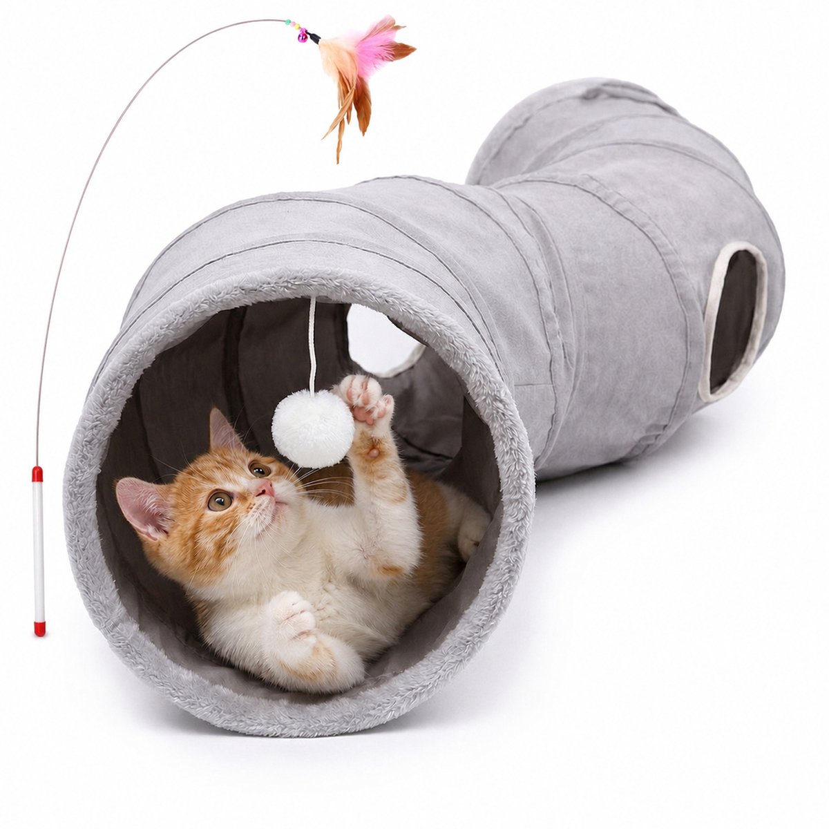 DOWO Kattentunnel Pluche - Kattenspeelgoed - Kattenspeeltjes - Katten Speelgoed - Interactief Kattenspeelgoed – S-Vorm - 27x120cm - Grijs