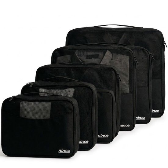 Un set de cinq cubes de rangement noirs Nince, de tailles différentes, avec une face en mesh.