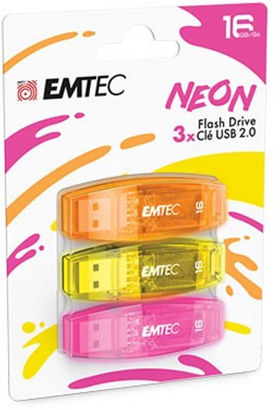 Pack de 3 clés USB 2.0 Emtec Neon de 16 Go en orange, jaune et rose, emballé dans du plastique.