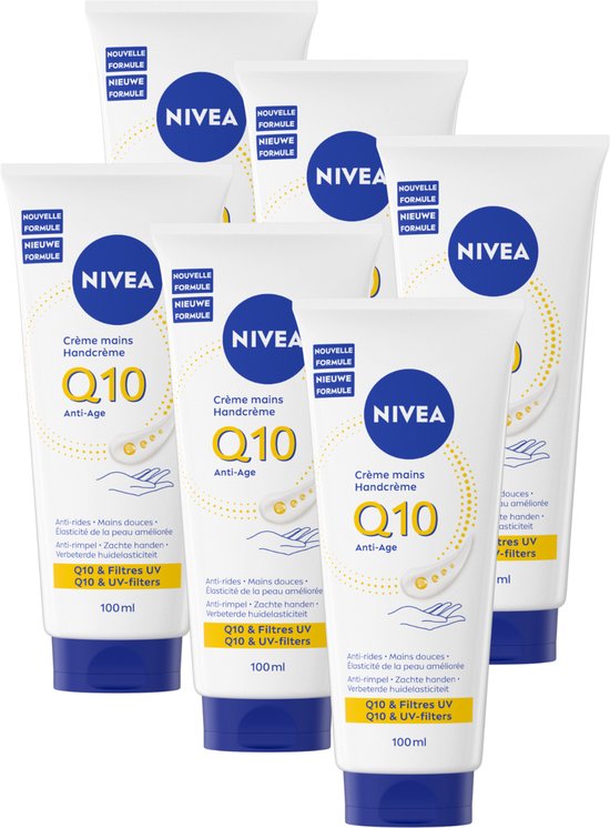 Zes witte NIVEA Q10 handcrème tubes met blauwe dop. "NOUVELLE FORMULE NIEUWE FORMULE" en "Q10 & UV FILTERS" op de voorkant.