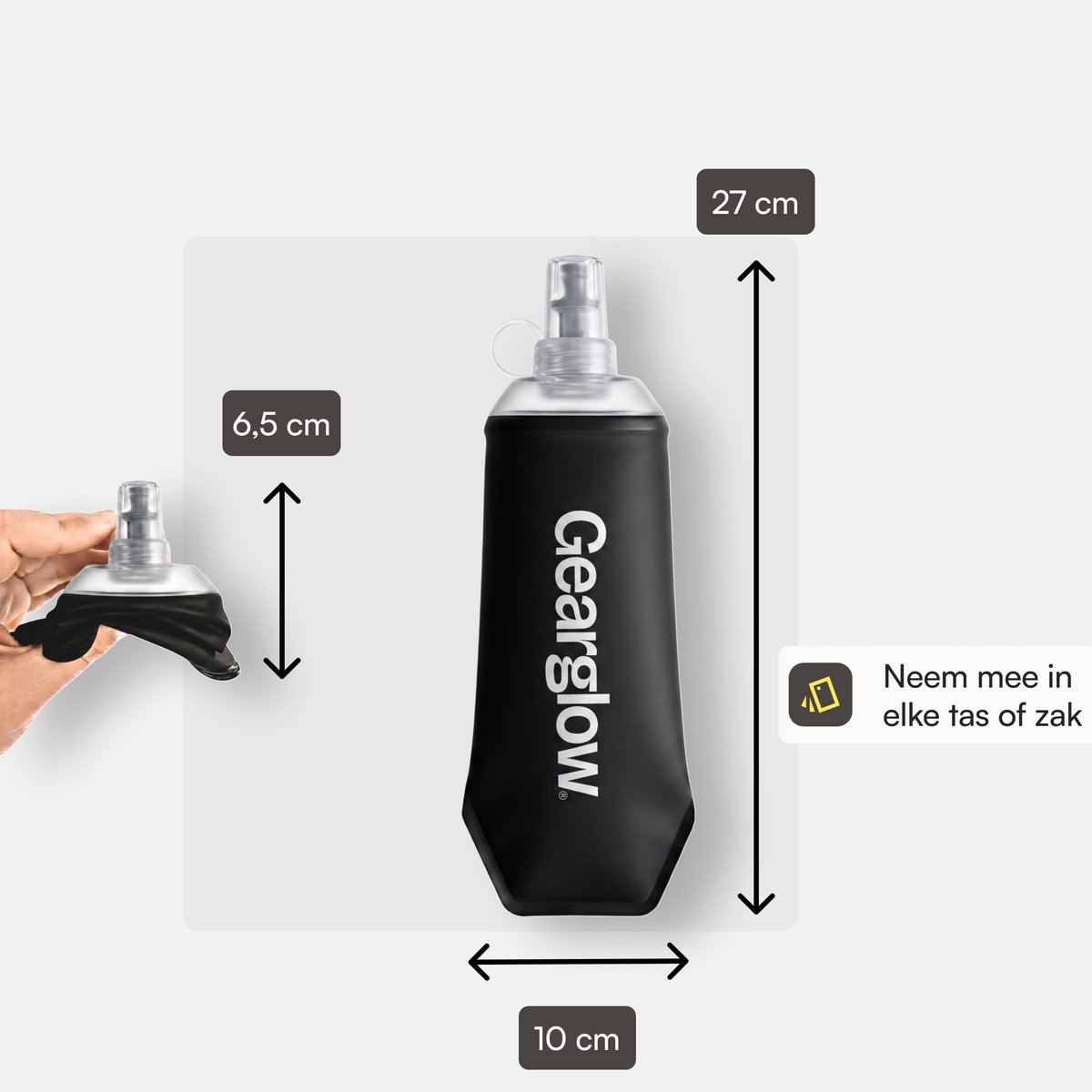GearGlow® Soft Flask 500 ml - Opvouwbare Waterfles - Drinkfles Hardlopen - Opvouwbare Drinkfles - Zwart — cadeau in Sport & Outdoor - foto 5
