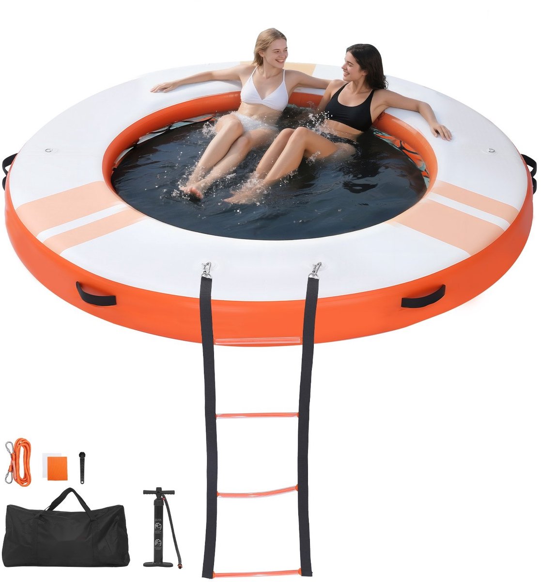 Opblaasbaar Drijvend Dok - Zwemplatform & Drijvend Eiland - Diameter 244 cm - Antislipoppervlak - Inclusief Draagtas - Afneembare Ladder - Voor Zwembad, Meer & Zee - Oranje