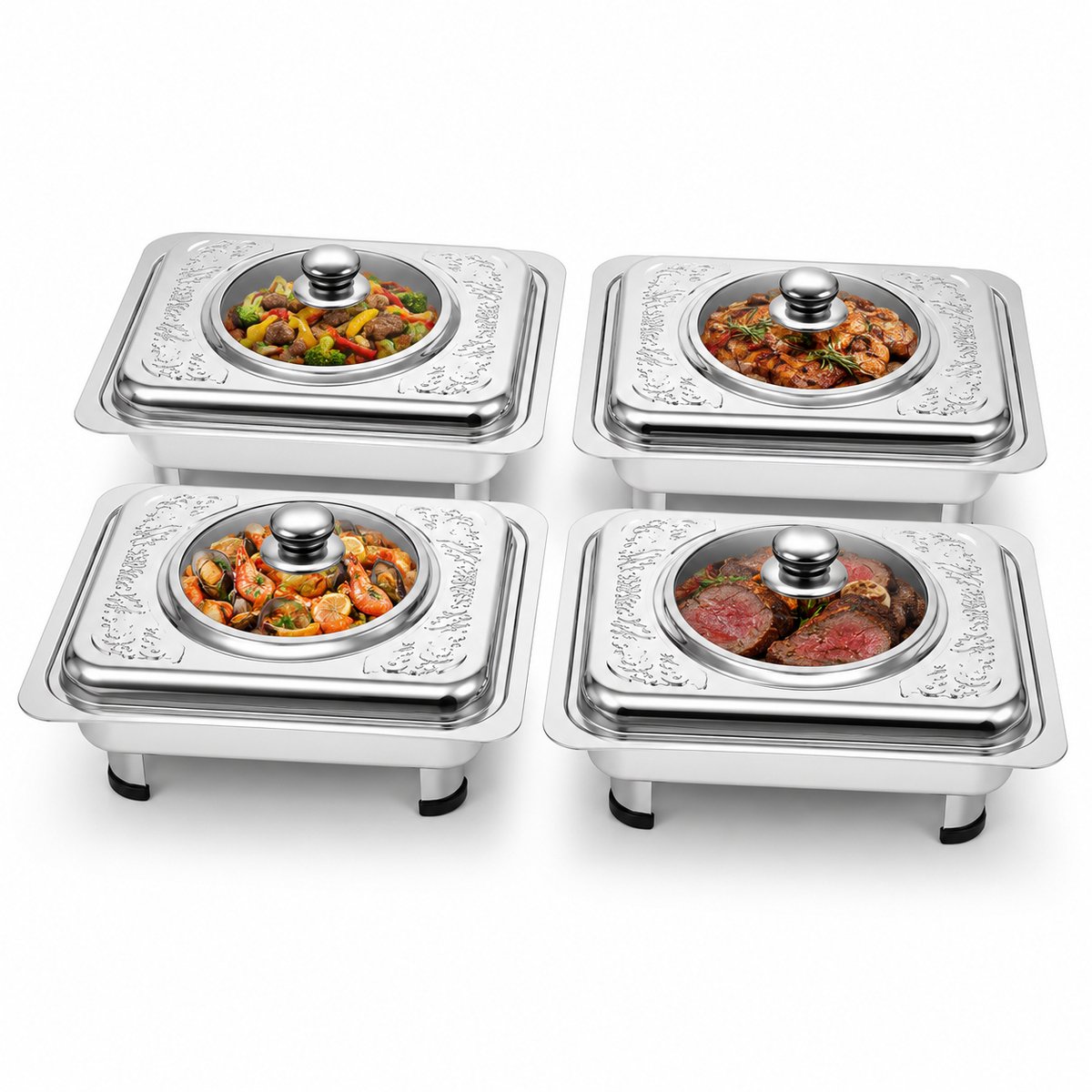 CINK Living® Chafing Dish Set 4-delig – Buffet Warmhoudschalen met Deksel – RVS Catering Schalen – Bain Marie Buffetschaal – Warmhoudbakken voor Feesten & Horeca