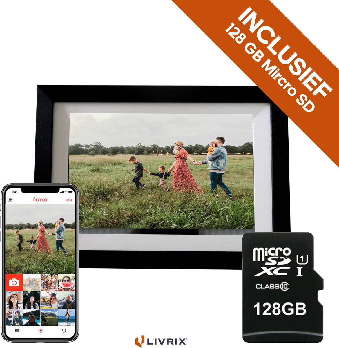 Digitale Fotolijst met WIFI en Frameo App - Inclusief 128GB SD Kaart - 10.1 inch - HD+ -IPS Display - Hout - 3 Dimfuncties - Horizontaal & Verticaal