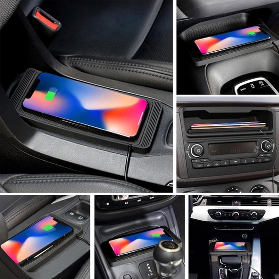 Collage van afbeeldingen die een zwart, gestructureerd oplaadstation voor telefoons in auto's tonen, met en zonder oplaadende smartphone.