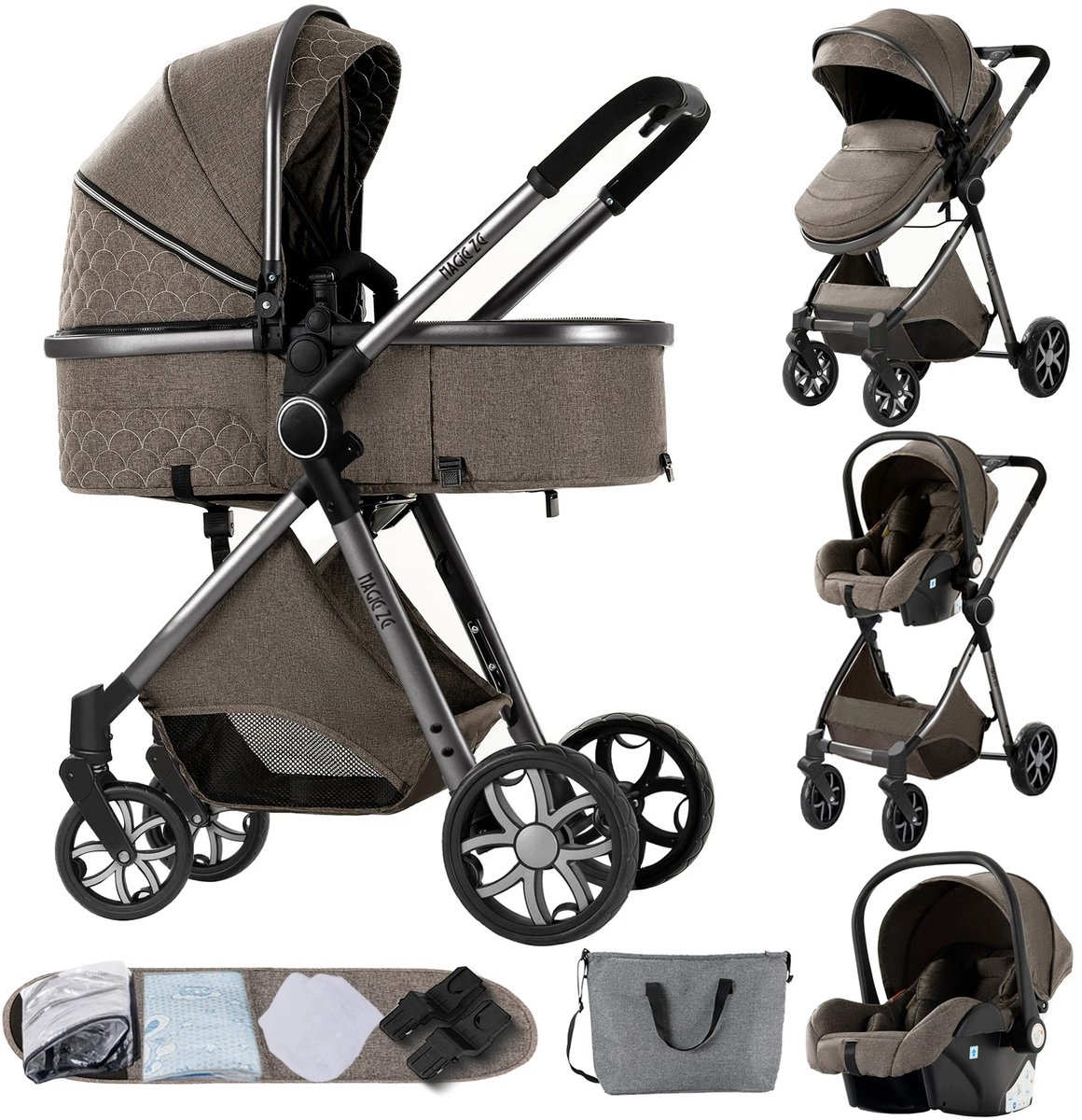 Brandistry - 3 in 1 kinderwagen - Kinderwagen - Maxi Cosi - Wandelwagen - Lichtgewicht - Incl. Regenhoes - Chocoladebruin
